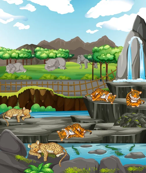 Scène avec des animaux au zoo ouvert — Image vectorielle