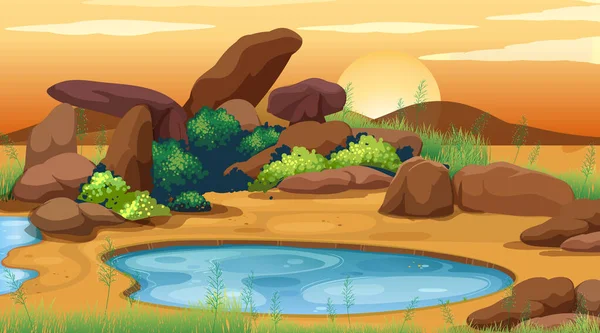 Scène avec petit étang dans le champ — Image vectorielle