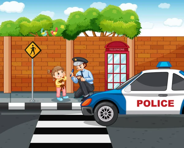 Policeman and lost girl in the city — Stock Vector