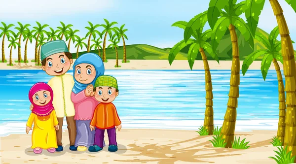 Scène de plage avec les membres de la famille — Image vectorielle