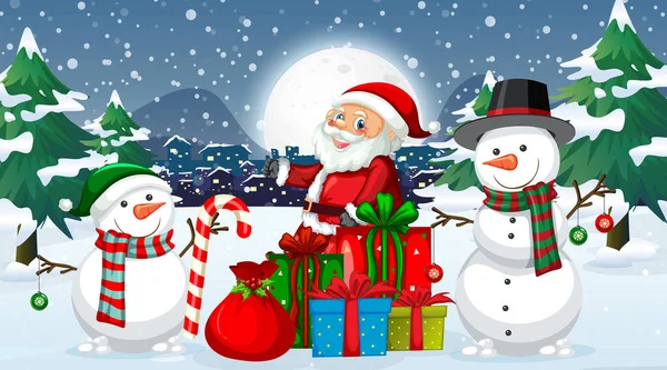 Cena com Papai Noel e boneco de neve — Vetor de Stock