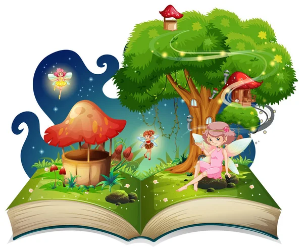 Book with fairies flying around the tree — Stock Vector