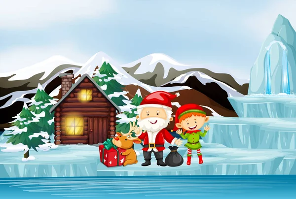 Scene with Santa and elf by the cottage — Stock Vector