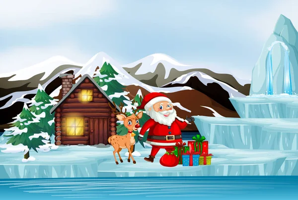 Scena con Babbo Natale e renne — Vettoriale Stock