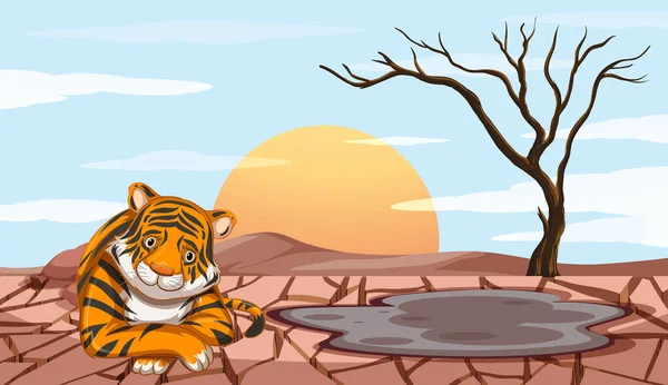 Escena de deforestación con tigre triste — Vector de stock