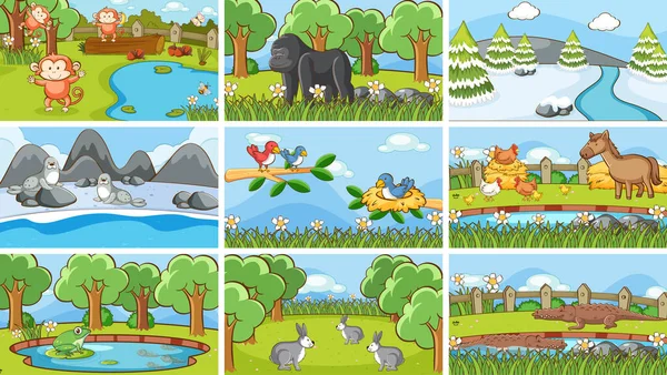 Escenas de fondo de animales en la naturaleza — Vector de stock