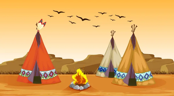 Scene with campfire and tents in the desert — Stock Vector