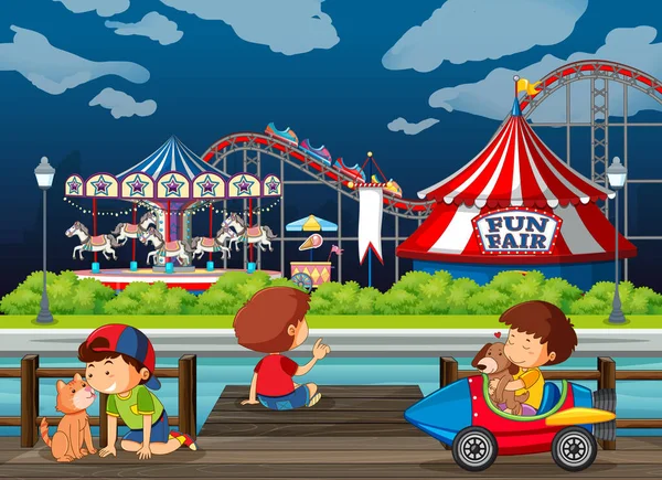 Scena di sfondo design con i bambini che giocano al luna park — Vettoriale Stock