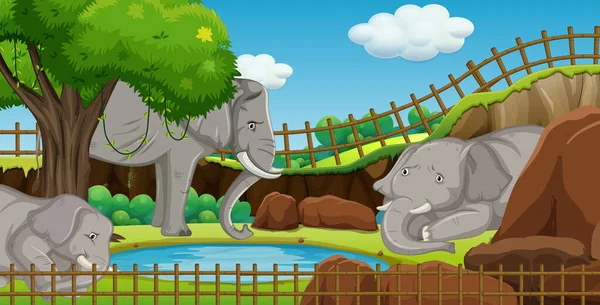 Scene with elephants at the zoo — Stock Vector