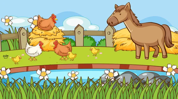 Jelenet csirkével és lóval a farmon — Stock Vector