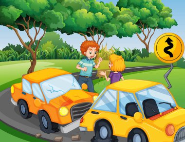 İnsanlar ve araba kazası ile kaza sahnesi