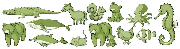 Muchos animales salvajes en conjunto de verde — Vector de stock