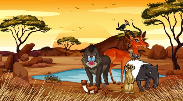 Scène met veel dieren in het veld — Stockvector