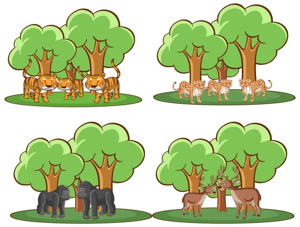 Четыре лесных сцены со многими животными — стоковый вектор