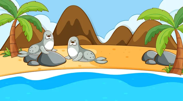 Escena con dos focas en la playa — Archivo Imágenes Vectoriales