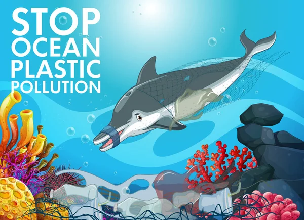 Diseño de póster con delfines y bolsas de plástico en el océano — Vector de stock