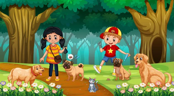 Gyerekek kutyákkal a fa jelenetben — Stock Vector