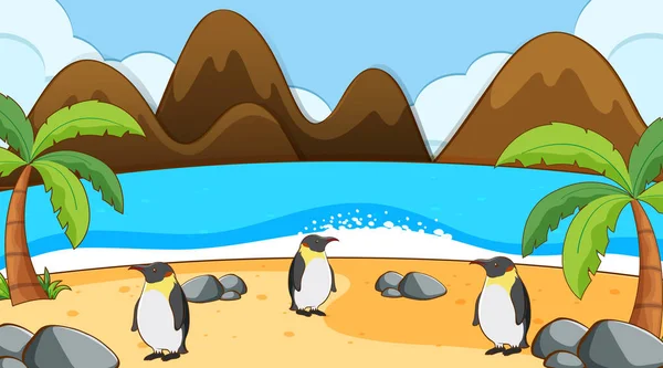 Escena con pingüinos en la playa Vectores De Stock Sin Royalties Gratis