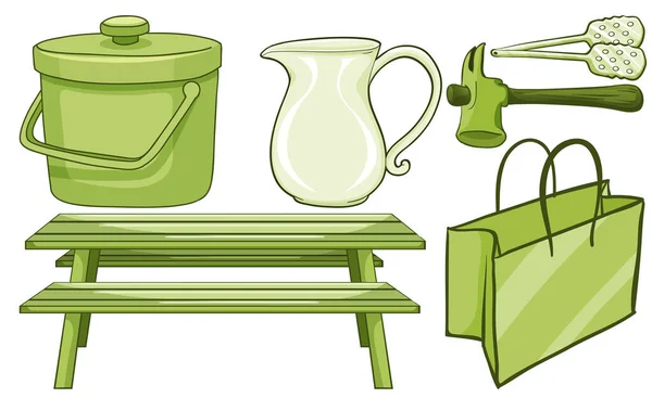 Απομονωμένο σύνολο ειδών οικιακής χρήσης σε πράσινο χρώμα — Διανυσματικό Αρχείο