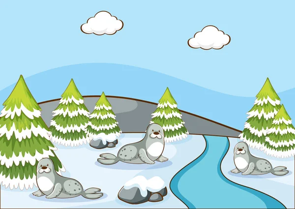 Kış zamanı foklarla dolu sahne — Stok Vektör