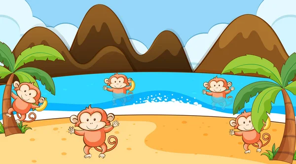 Scene with  monkey playing on the beach — Stock Vector