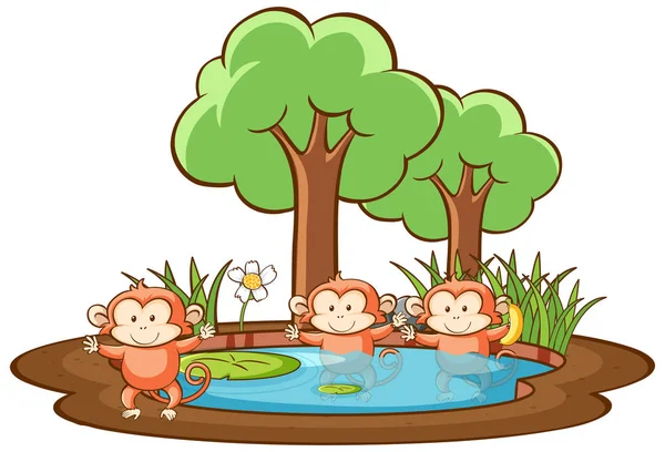 Scene with three monkeys in the park — Stock Vector