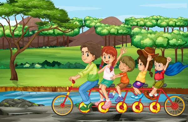 पार्क में परिवार सवारी साइकिल — स्टॉक वेक्टर