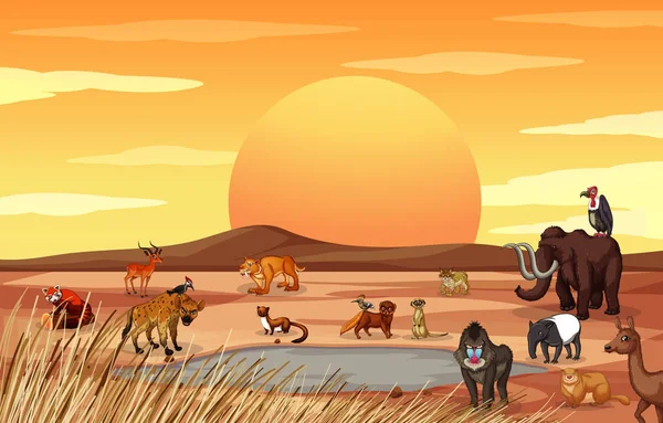 Cena com animais no deserto da savana — Vetor de Stock