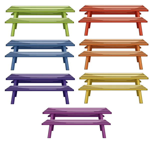 Izolowany zestaw stołów piknikowych w wielu kolorach — Wektor stockowy
