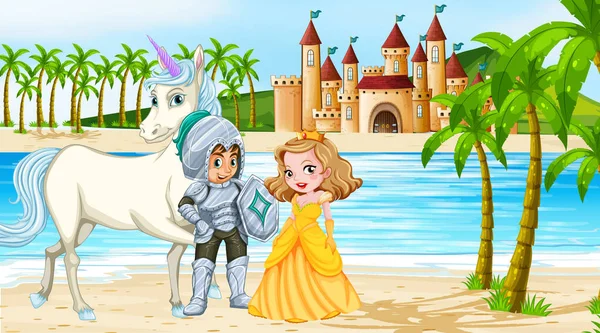 Scena con cavaliere e principessa al castello — Vettoriale Stock