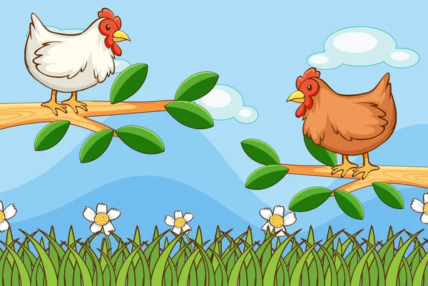 Scène avec des poulets dans le jardin — Image vectorielle