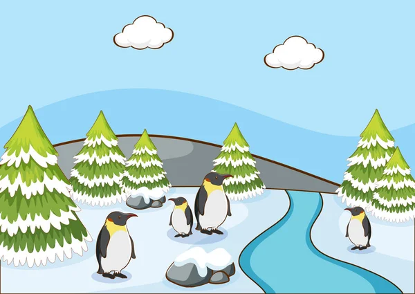 Σκηνή με πιγκουίνους στο βουνό χιόνι — Διανυσματικό Αρχείο