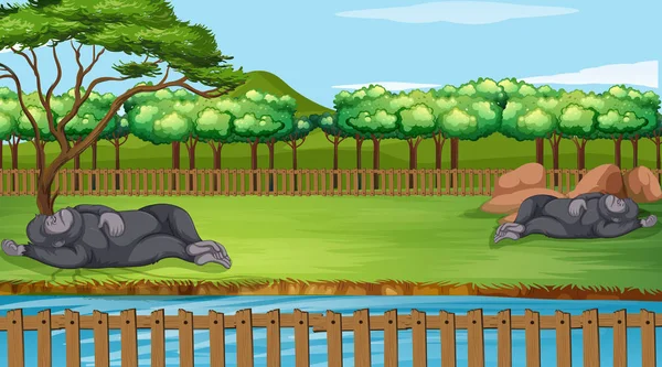 動物園のゴリラ2匹とのシーン — ストックベクタ