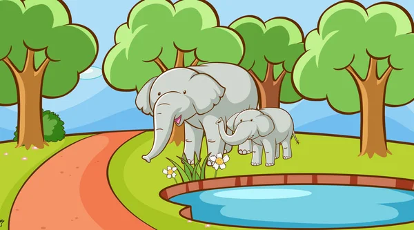 森の象とのシーン — ストックベクタ