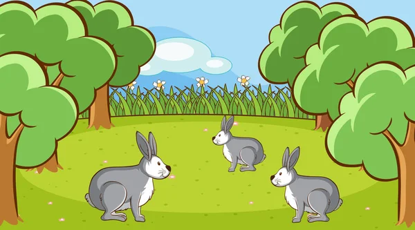 Scene with gray bunnies in forest — Stock Vector
