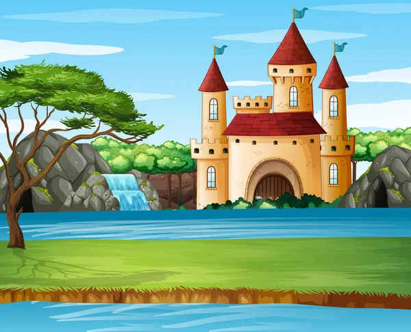 Scen med slottstorn vid sjön — Stock vektor