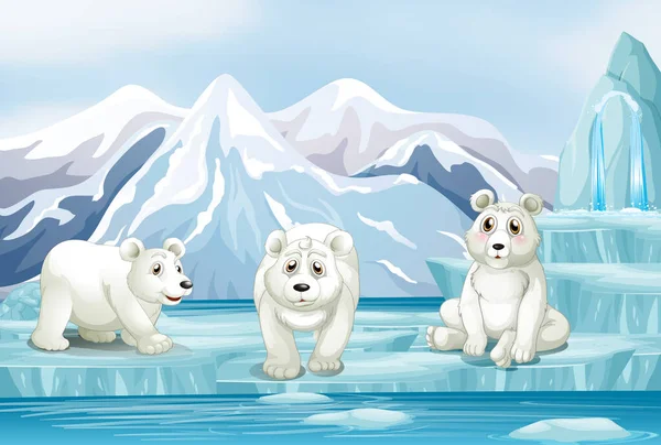 Scene with three polar bears on ice — ストックベクタ