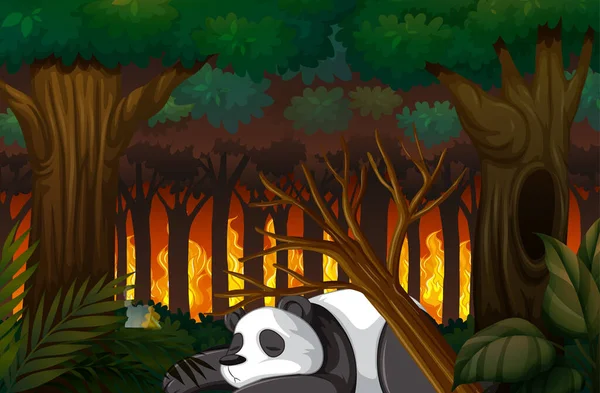 Escena de deforestación con panda muriendo en el bosque — Vector de stock