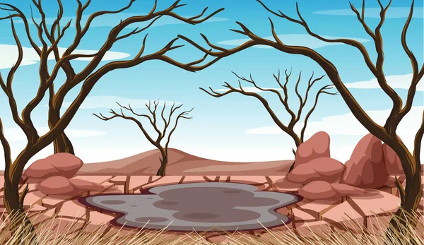 Scene with mud pond and dried trees — Stock Vector