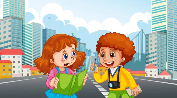 Two kids in city scene — Stock Vector