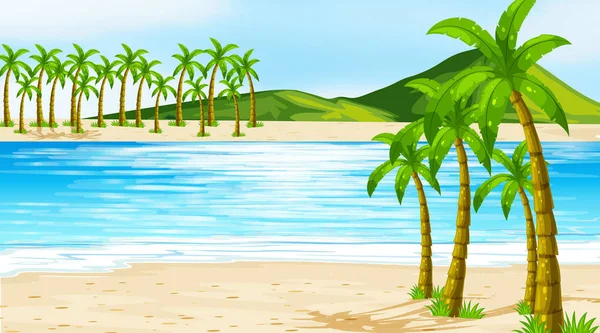 Scena di sfondo con alberi di cocco sulla spiaggia — Vettoriale Stock