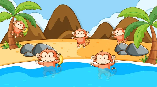 在海里和猴子在一起的场景 — 图库矢量图片