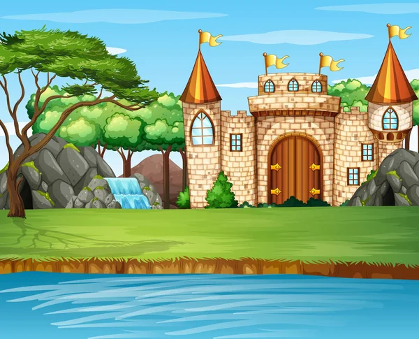 Scène met groot kasteel bij de waterval — Stockvector