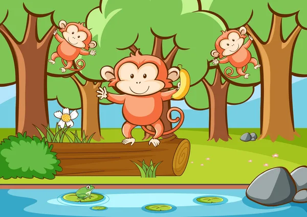 Сцена с обезьянами в лесу — стоковый вектор
