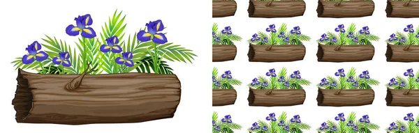 Zökkenőmentes háttér design írisz virágok rönk — Stock Vector