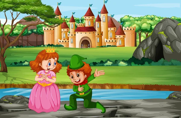 Сцена с принцем и принцессой в замке — стоковый вектор
