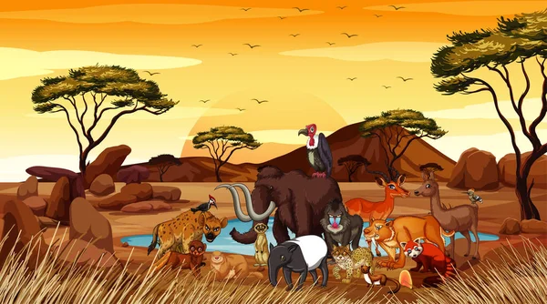 Сцена со многими животными в поле — стоковый вектор