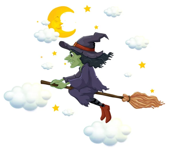 Green witch on flying broom at night — Stock Vector