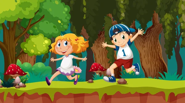Παιδιά τρέχουν σε δασικές σκηνές — Διανυσματικό Αρχείο