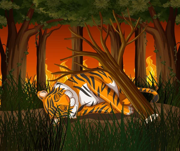 Escena de deforestación con tigre e incendio forestal — Vector de stock